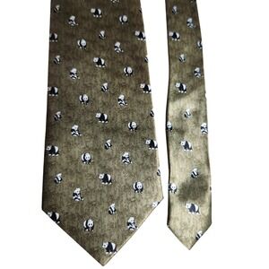 Kai Long Tie Panda Bamboo 100% Silk Vintage 90s Novelty Olive‎ Green 3.75" Wide